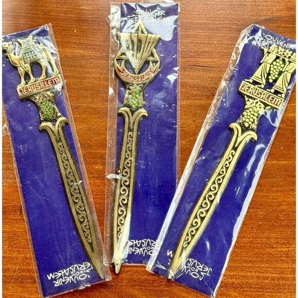 Vintage Jerusalem Brass Letter Opener Set – Enamel, Camel, Menorah, Israel - Picture 1 of 14